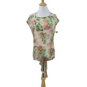 Mimi Chica Blouse Womens XS Extra Small Floral Cap Sleeve V Back Ruffle Train